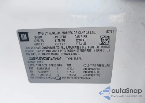 2011 Chevrolet Equinox 1Lt z USA, uszkodzony, nr VIN 2GNALDEC3B1245461